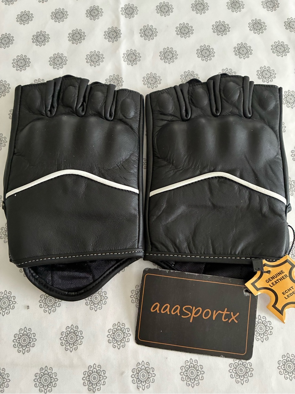 Men's Black Half-Finger Leather Motorcycle Gloves Sz Large